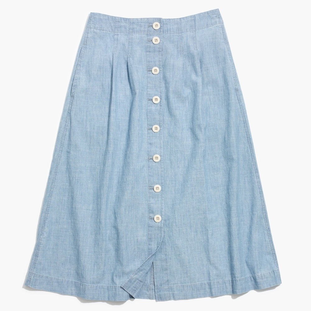Madewell Midi Skirt Button Front Chic Patio Pockets Cotton Chambray Blue Size 10 - Picture 3 of 12